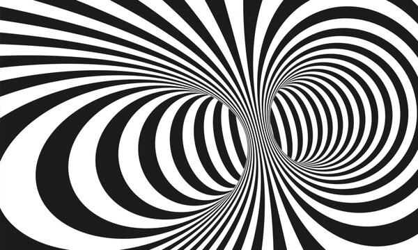 Abstract optical illusion. Hypnotic spiral tunnel with black and white lines. Vector illustration.