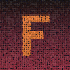 3d render of a orange letter F on dark background, mosaic effect, creative lettering
