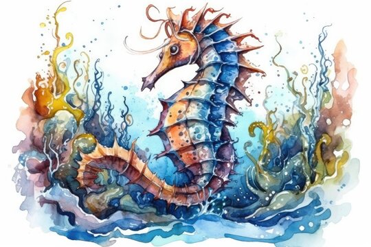 colorful watercolor painting of a seahorse swimming gracefully in the ocean. Generative AI