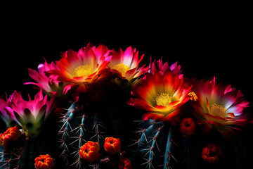 flowering cacti on a black background, a banner with an empty space for text, generativ ai