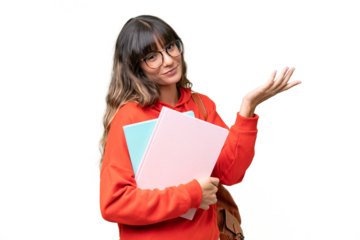 Young student caucasian woman over isolated background extending hands to the side for inviting to come