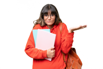Young student caucasian woman over isolated background having doubts while raising hands