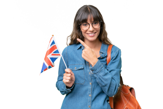 Young caucasian woman holding an United Kingdom flag over isolated background pointing to the side to present a product