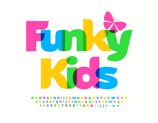 Vector Bright Sign Funky Kids. Colorful children's 3D Font. Creative Alphabet Letters and Numbers.