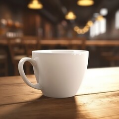 Fototapeta premium A mockup of a white coffee cup on a bar table, created with Generative AI
