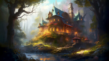 Cute magical house. Illustration. Post processed AI generated image.