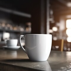  A mockup of a white coffee cup on a bar table, created with Generative AI