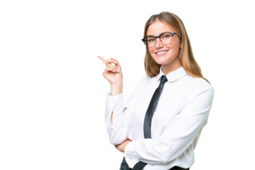 Young business caucasian woman over isolated background pointing finger to the side