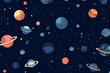 simple seamless Beautiful and eye catchy colour planets and stars, simple field background, isometric, bright vector, Dark blue background, themed pattern, Generative AI