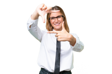Young business caucasian woman over isolated background focusing face. Framing symbol