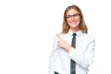 Young business caucasian woman over isolated background pointing to the side to present a product