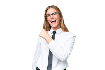 Young business caucasian woman over isolated background celebrating a victory