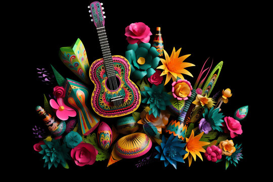  Cinco de Mayo, mexican paper decoration guitar, cactus with flowers, black background, generative AI
