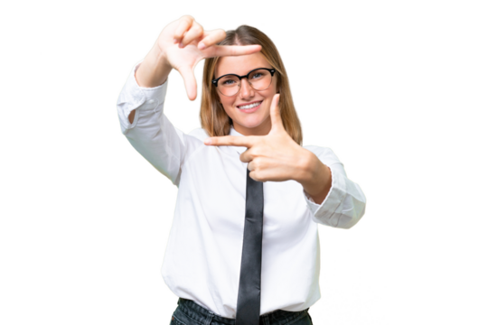 Young business caucasian woman over isolated background focusing face. Framing symbol
