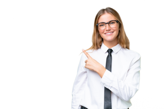 Young business caucasian woman over isolated background pointing to the side to present a product