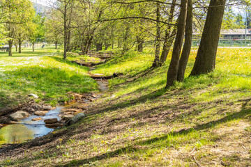 View of the Levico lake park. Trentino Alto Adige, Italy