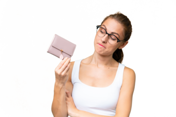 Young caucasian woman holding a wallet over isolated background with sad expression
