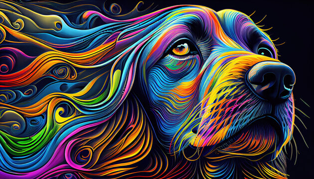 Psychedelic dog illustration. Colorful background. Hippie texture. Generative AI.