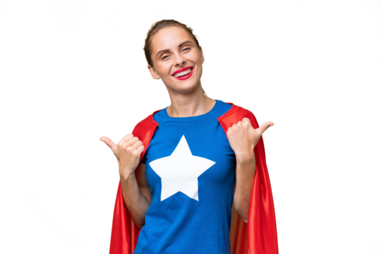 Super Hero caucasian woman over isolated background with thumbs up gesture and smiling