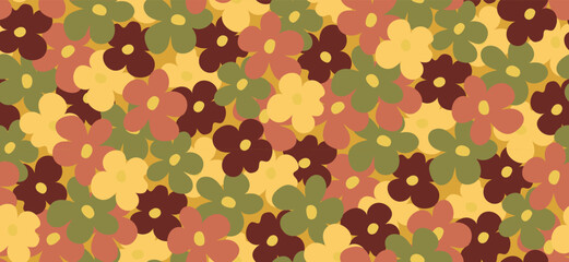 Cute daisy flowers in 70s style. Retro florals print, seamless pattern in bohemian vintage style. Vector illustration.