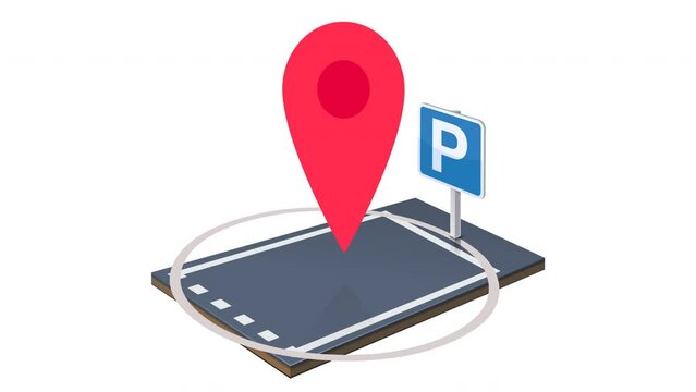 Looping animation of a red map position marker hopping over marking a parking space in 3D with its sign of a parking space (white background, transparency, alpha channel,chroma key,green background)