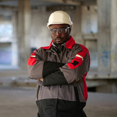 African american worker stands at construction area and looks at camera