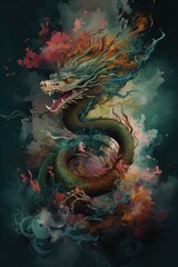 Fototapeta na wymiar Beautiful fantasy dragons in mesmerize motion, colorful. Fantasy creature. Generative Ai