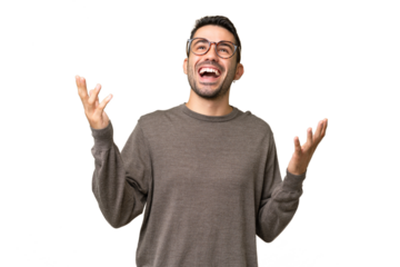 Young handsome caucasian man over isolated background smiling a lot