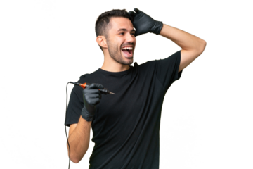 Tattoo artist caucasian man over isolated background smiling a lot