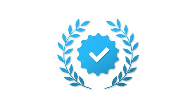 Blue tick checkmark laurel wreath popups on isolated background. Social media verified user prestige celebrity status badge concept 4K footage
