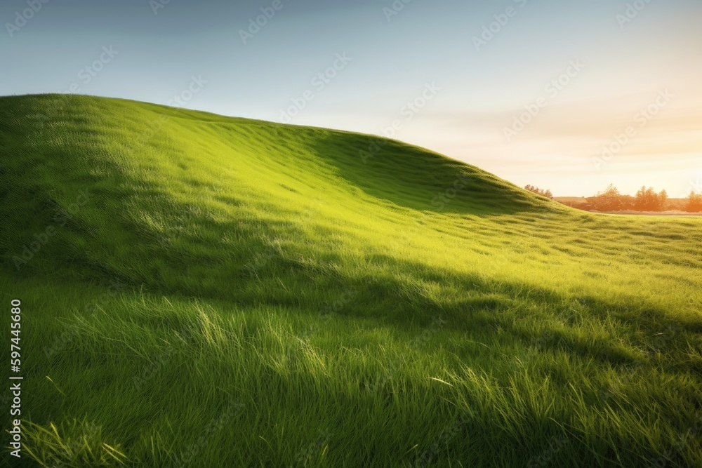 Poster serene landscape with rolling hills and trees in the distance. generative ai