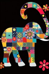  Elephant made from squares, circles, alphabets, polka dots, lines, flowers, and patterns, modern geometric in the background. generative ai