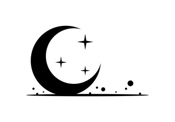 Black crescent moon and stars witch magic boho tattoo icon flat vector design