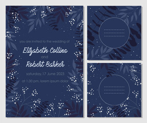 Fototapeta na wymiar Save the date, wedding invitation card template with blue color flower floral background. Vector illustration.