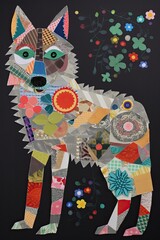  Wolf made from squares, circles, alphabets, polka dots, lines, flowers, and patterns, traditional wilderness in the background. generative ai