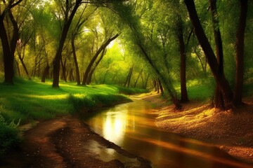peaceful stream flowing through a vibrant green forest. Generative AI