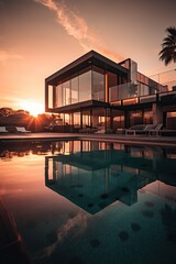 Futuristic & Modern House with Pool and Sunset. Generative AI