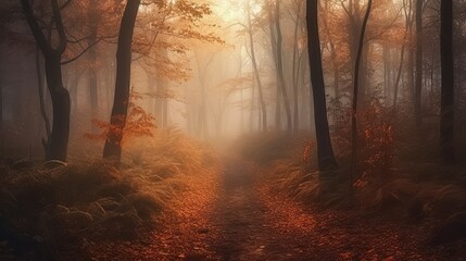 Naklejka premium Misty Autumn Hues: A Forest Trail Immersed in Orange and Gold 1. Generative AI