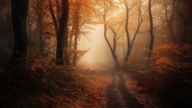 Misty Autumn Hues: A Forest Trail Immersed in Orange and Gold 3. Generative AI