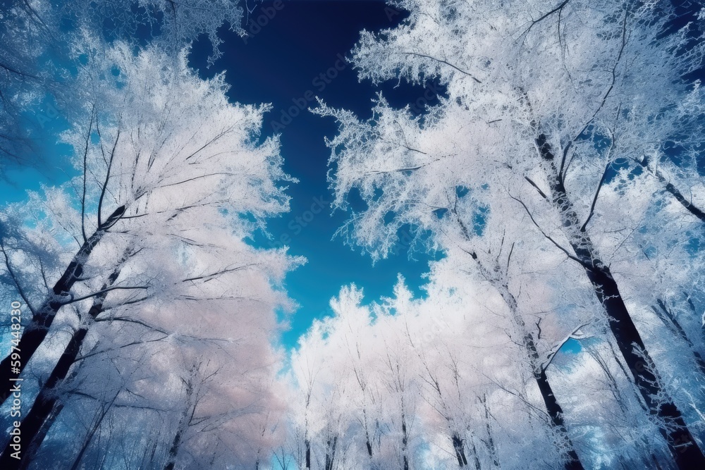 Sticker serene forest with tall trees and a clear blue sky in the background. generative ai