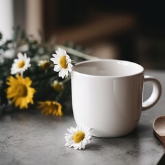 A mockup of a white coffee cup next to flowers, created with Generative AI