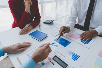 Meeting of business people, investors And office workers working in team meetings, discussing, analyzing and documenting project planning. Finance business on meeting table in office.