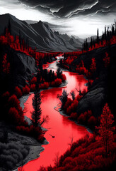 Fototapeta na wymiar Red planet with rivers, dilins and trees. AI Generated
