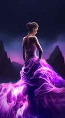 Back view of elegant beautiful woman in purple evening dress posing for magazine illustration, glamour. Galaxy nebula space mountain background. Ai generated vertical art