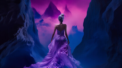 Back view of elegant beautiful woman in purple evening dress posing for magazine illustration, glamour. Galaxy nebula space mountain background. Ai generated art
