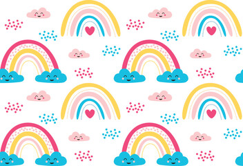 Seamless pattern with cute doodle rainbows and clouds. Colorful vector background	