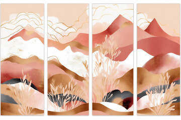 Watercolor abstract terracotta landscape mountains poster with pastel color. Generative ai illustration. blush pink, ivory, red colors.