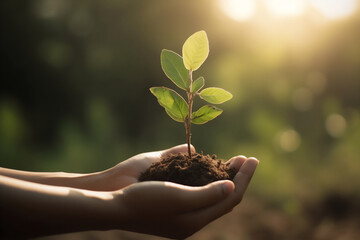 Hands holding young plant in sunshine and green background at sunset. Environment conservation, reforestation, climate change. Generative AI. - obrazy, fototapety, plakaty