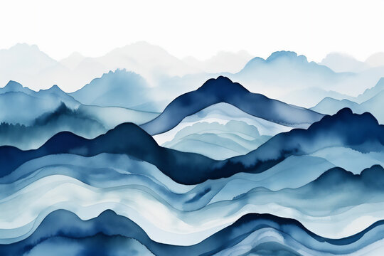 Watercolor abstract landscape mountains poster with blue colors. Generative ai illustration.
