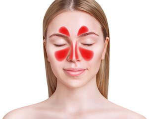 Face with inflammation of mucous membrane of paranasal sinuses. - obrazy, fototapety, plakaty